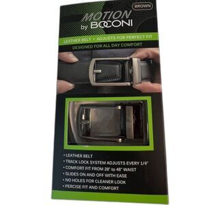 NEW Motion By BOCONI Mens Brown Leather Track Lock Adjustable Belt Sz 28" to 48"